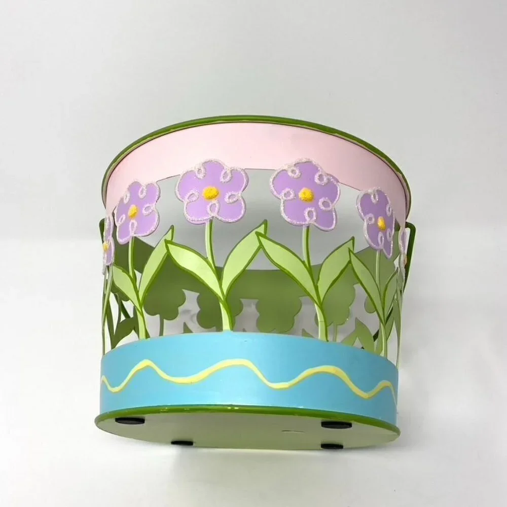 Target Metal Easter Basket Pail Purple Sparkly Flowers